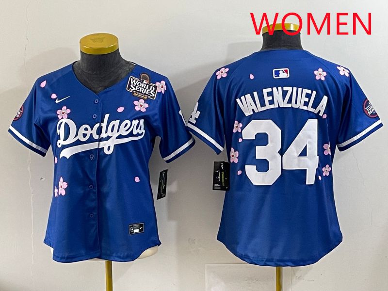 Women Los Angeles Dodgers #34 Valenzuela Blue Sakura Edition 2025 Nike MLB Jersey style 36